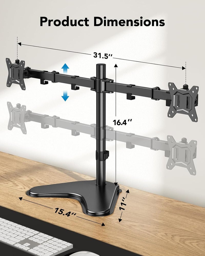 HUANUO 32 inches Dual Monitor Stand up to 17.6lbs per Arm, High-Grade Aluminum Free Standing Dual Monitors Mount for 2 Screens. Fully Adjustable Dual Monitor Stand for Desk with Tilt, Swivel, Rotation - Image 3
